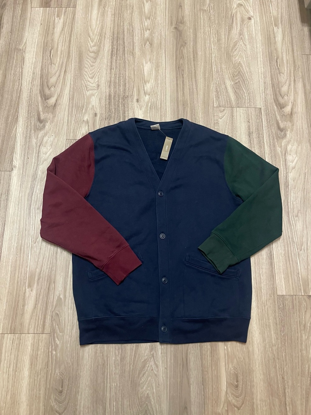 J. Crew Navy Cardigan with Burgundy and Forest Green Sleeves